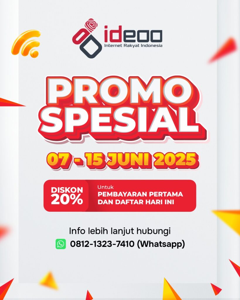 Promo spesial IdEoo Internet Rakyat Indonesia: Diskon 20% untuk pembayaran pertama dan pendaftaran baru periode 7-13 Juni 2025. Hubungi 0812-1323-7410 via WhatsApp.