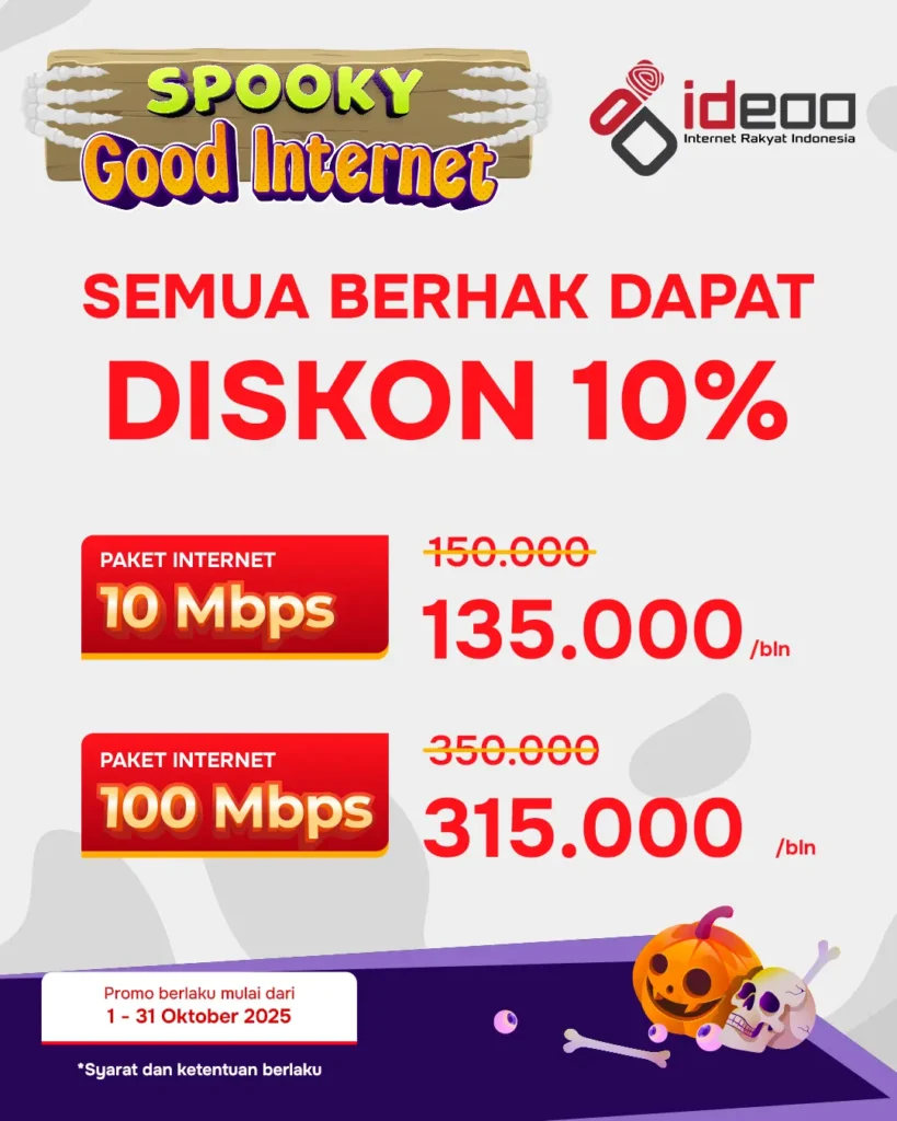 Poster promo internet Ideoo Oktober 2025, Spooky Good Internet, diskon 10 persen untuk paket 10 Mbps dan 100 Mbps.