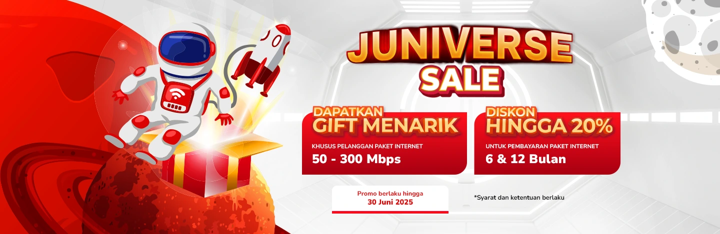 Astronot dengan ikon WiFi melayang di luar angkasa bersama roket, mempromosikan diskon dan hadiah untuk pelanggan internet 50–300 Mbps.