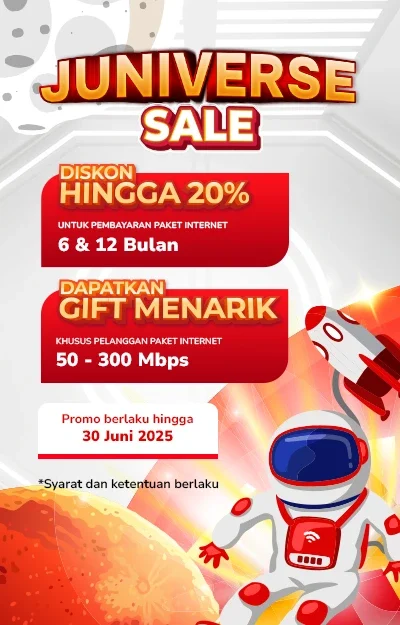 Astronot dengan ikon WiFi melayang di luar angkasa bersama roket, mempromosikan diskon dan hadiah untuk pelanggan internet 50–300 Mbps.