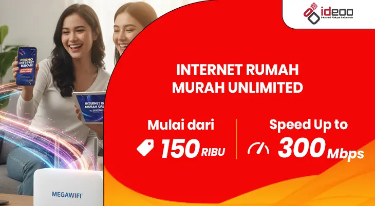 Ilustrasi keluarga menggunakan koneksi internet rumah murah unlimited dengan WiFi aktif
