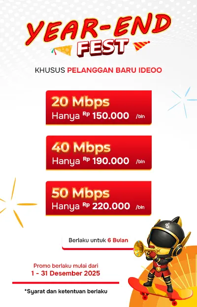 Banner promo Year-End Fest Ideoo untuk pelanggan baru, menampilkan paket internet 20 Mbps, 40 Mbps, dan 50 Mbps dengan harga spesial Desember.